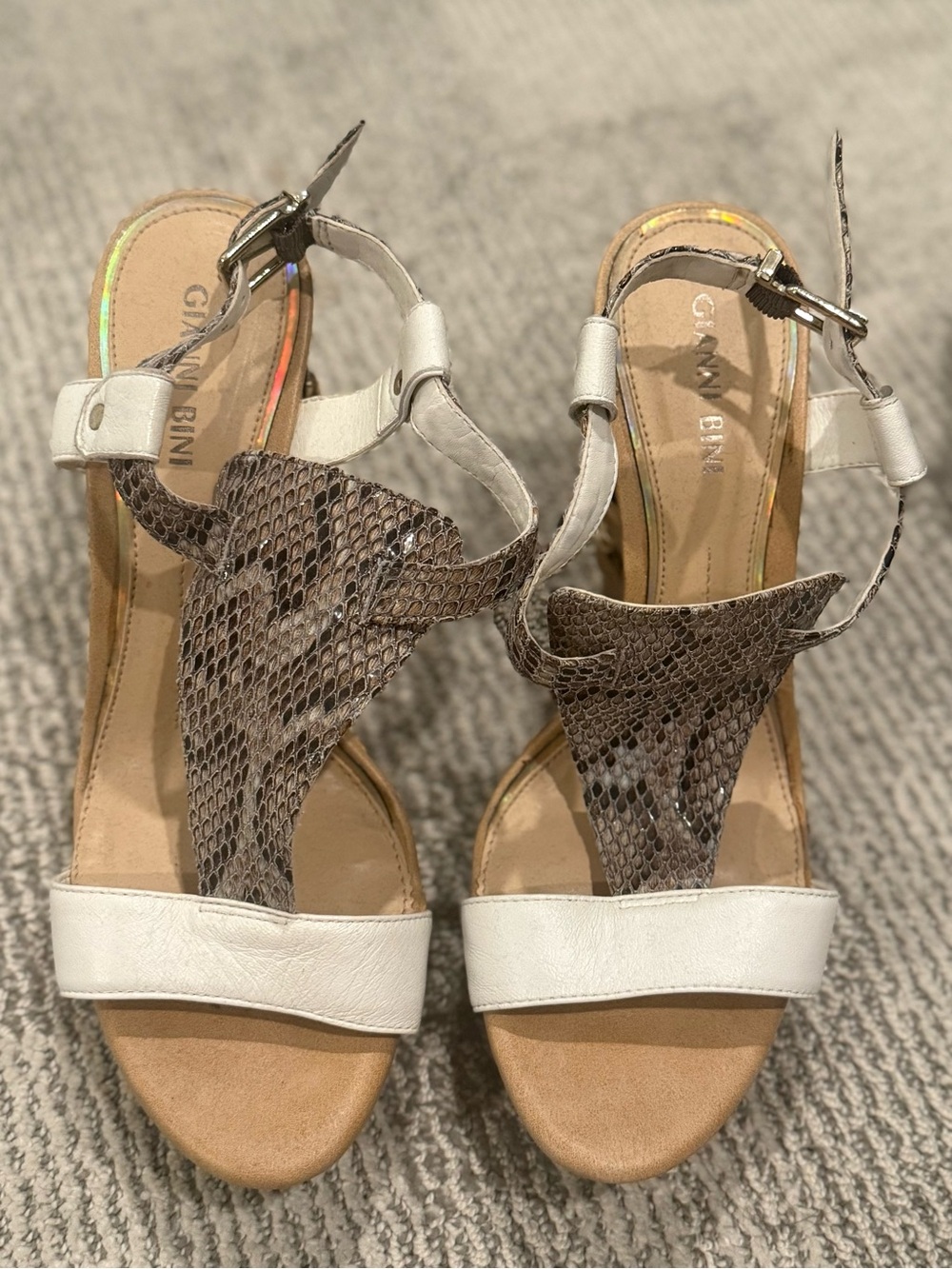 Gianni Bini White Snake-Print Leather Sandals